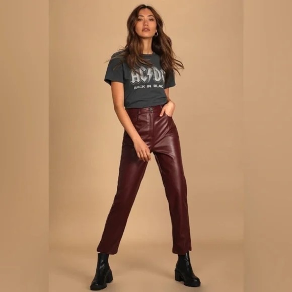 Burgundy/Maroon Vegan Leather Straight Leg Pants - Picture 1 of 2